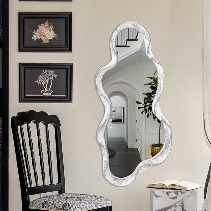 Irregular Wood Frame Mirror Asymmetrical Mirrors for Wall Unique Cloud Modern Living Room Bedroom Vanity Entryway Hallway Decorative Artistic Cute and Stylish Wall Mirror Large