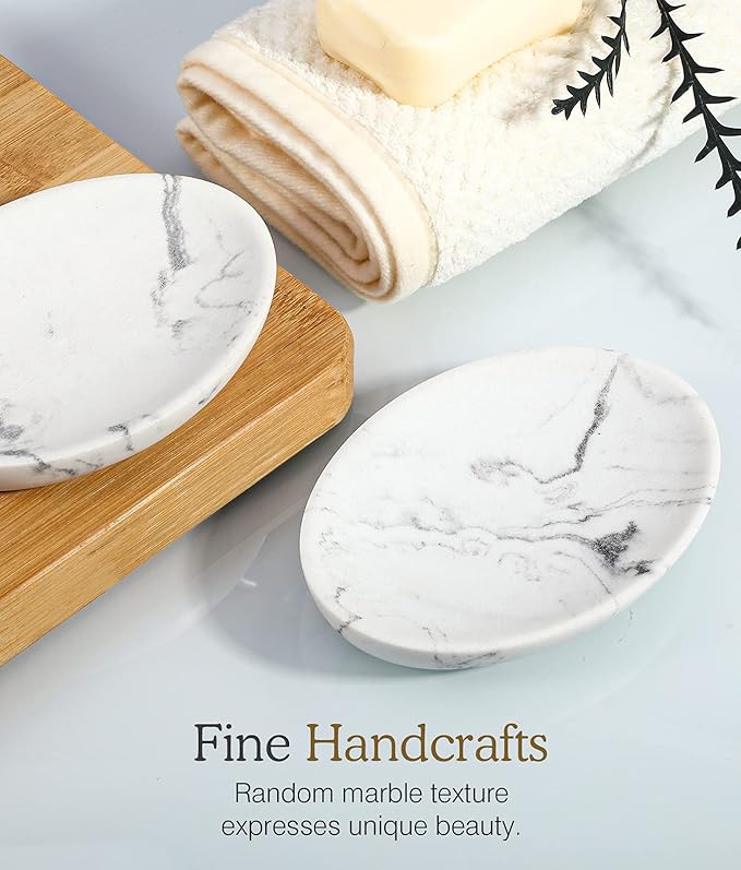 Luxspire Soap Dish 2 Packs, Resin Soap Tray Soap Holder Container Box, Marble Pattern Oval Soap Plate Case, Sponge Dish Scrubbers Tray Holder for Bathroom Vanity Shower Kitchen Sink, Gravel White