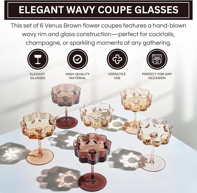 Venus Flower Scalloped Vintage Wavy Petals Wave Glass Coupes 7oz Colorful Martini, Champagne & Cocktails, 6 Set Brown Amber Shades Rippled Champagne Glasses, Elegant Bar Glassware, Aesthetic Coupe