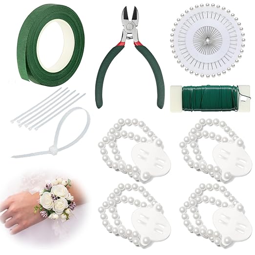 Floral Tape and Boutonniere Kit with Green Floral Tape, Floral Wire, Boutonniere Flower pin, Wire Cutter and Elastic Pearl Wrist Corsage Bands for Bouquet Supplies