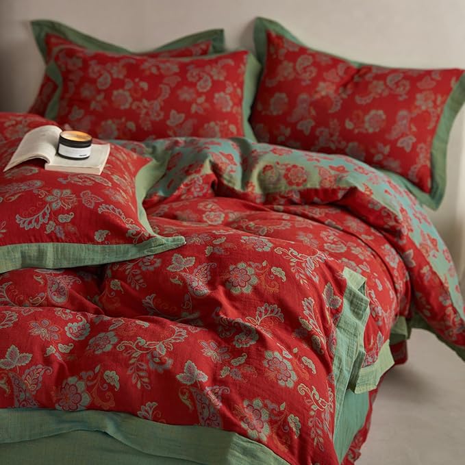 mixinni Exquisite Vintage Red Floral Duvet Cover Queen Size Yarn-Dyed Jacquard Textured Design Duvet Cover Set with Green Edge Design Premium Muslin Cotton-Linen Bedding Set for All Season-Queen Size