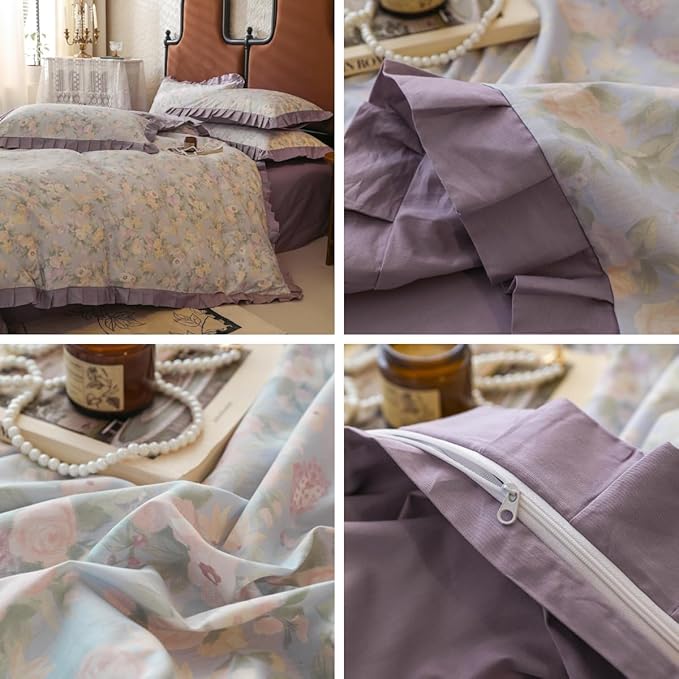 Ruffle Duvet Cover Set Twin Girls Cute Flower Duvet Cover with Purple Ruffles Cottagecore Bedding Vintage Floral Comforter Cover with 2 Pillowcases Princess Lace Bedding Flower Comforter Cover Twin