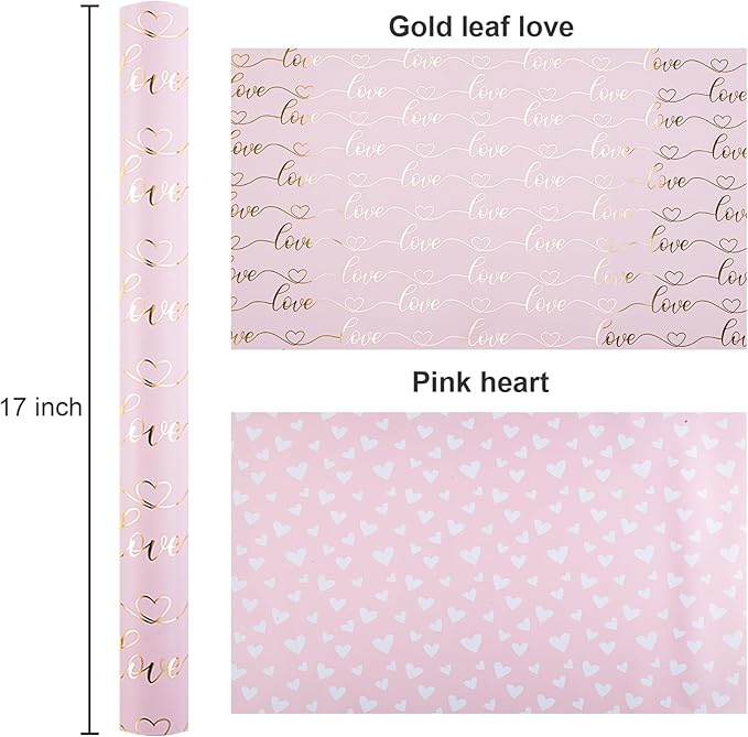 Burymento Pink Love Wrapping Paper, Reversible Pink Heart Gift Wrap for Birthday, Valentines, Mothers day, Graduation, Wedding, Fathers day, Baby Shower, Christmas (17in x 32.8ft)