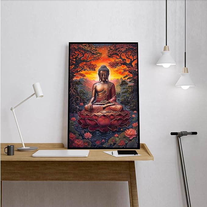 Golden Buddha on lotus seat serene meditation statue amidst lush trees flowing water and sunrise light spiritual home art for a tranquil decor 8x12in Metal blackFramed