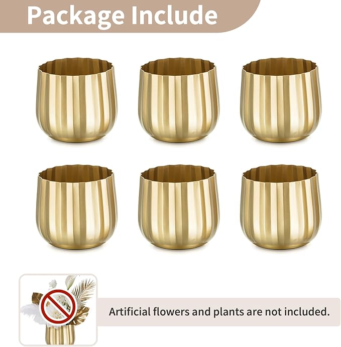 Gold Vases Compote Centerpiece Planter: 4" Ribbed Metal Vase Small Compote Bowl Planter Pot with Drainage Hole for Wedding Table Centerpiece Indoor Plants Set of 6