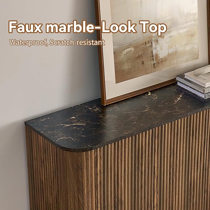 64" Sideboard Buffet Cabinet with Storage, Modern Fluted Credenza with Adjustable Shelves, Wood Faux Marble-Top Coffee Bar Console Table for Living Room Kitchen Dining Room, 31.5" H, Walnut