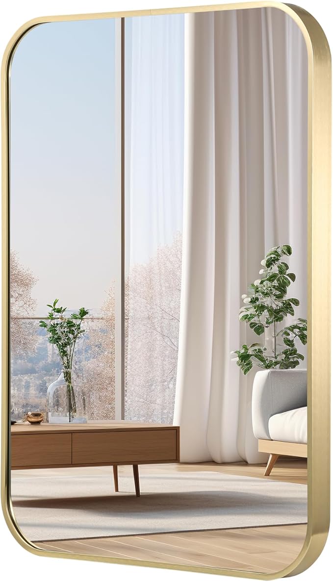 24x32 Inch Gold Bathroom Mirror, Brushed Gold Metal Framed Rectangular Mirror with Rounded Corner, Bathroom Vanity Mirror for Bedroom or Living Room, Horizontal/Vertical