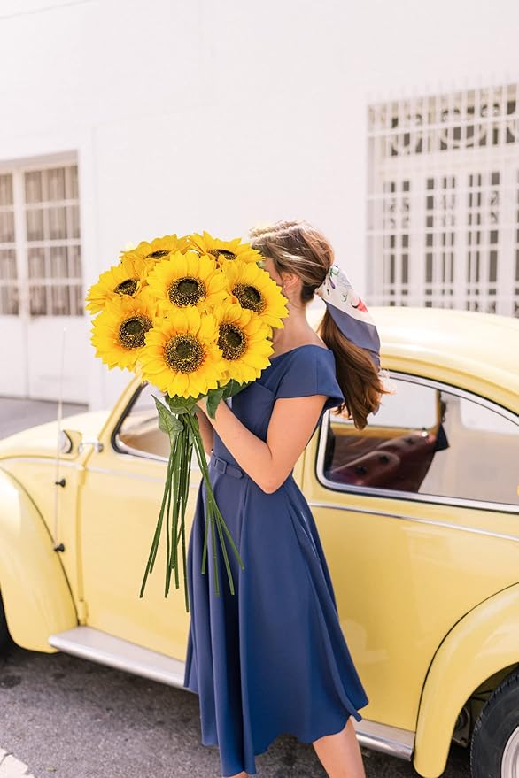8 Pcs Large Sunflowers Artificial Flowers 6" Full Bloom Long Stem Artificial Sunflower 25.6" Tall Sun Flowers Giant Silk Sunflowers with Stem Fake Sunflower Floral Arrangement for Home Wedding Decor