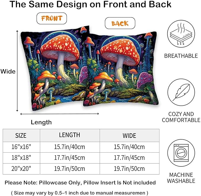 Mushroom Throw Pillow Covers 18x18 Set of 2, Hippie Decorative Square Cushion Cases for Sofa and Couch, All Seasons Pillowcases for Living and Bed Room