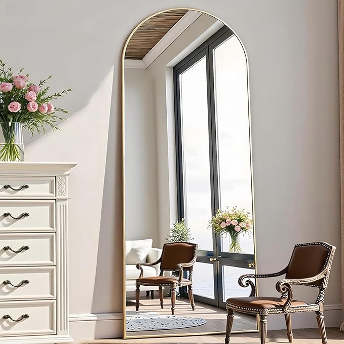Dewfig Arched Full Length Mirror,64"x20" Gold Mirror with Stand, Full Body Mirrors for Leaning Against or Wall Mounted, Large Floor Mirrors for Bedroom, Living Room, Gold
