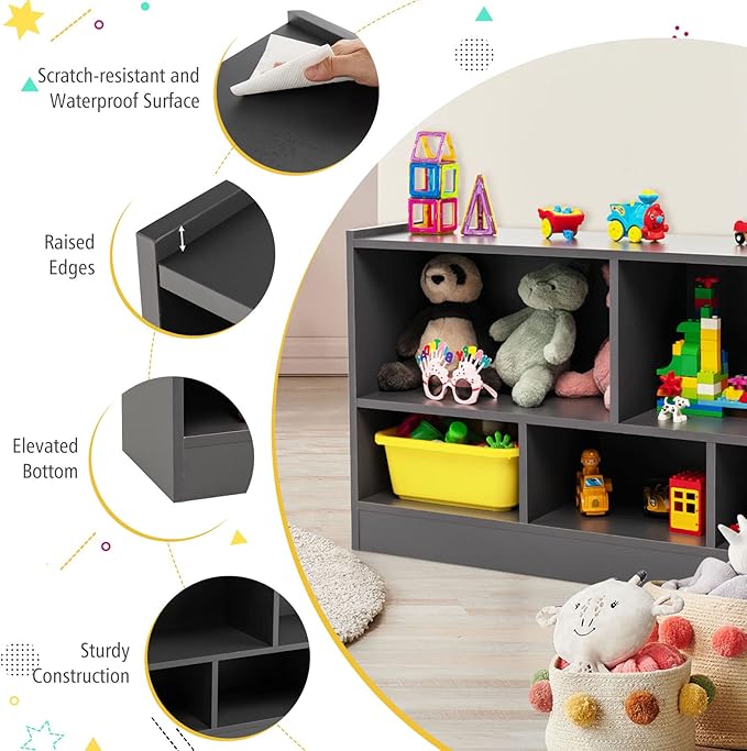 KOTEK Toy Storage Organizer, 5 Cubby Kids Bookshelf, Wooden 3-Tier Bookcase Storage Cabinet, Open Display Book Shelf for Daycare, Nursery, School Classroom, Playroom & Living Room (Grey, 5 Cubes)