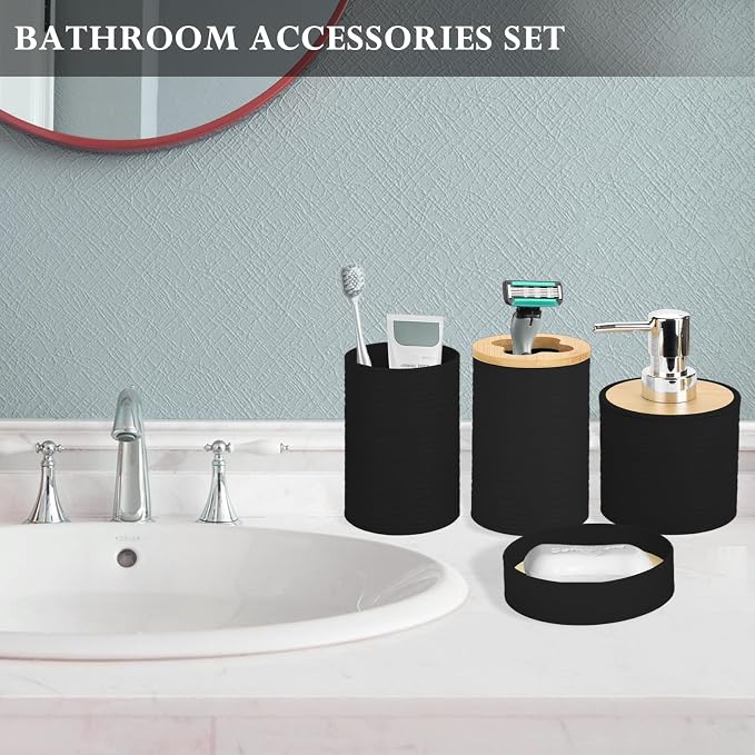 Bamboo Bathroom Accessories Set 4 Pcs, Black Bathroom Accessory Set with Soap Dispenser and Toothbrush Holder, Soap Dish and Mouthwash Cup, Boho Bathroom Decor