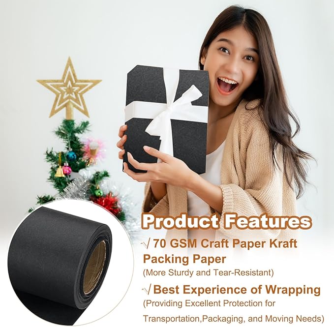 PATIKIL Wrapping Paper, 12" x 300"(25') 70 GSM Craft Paper Roll Kraft Packing Paper for Poster Bulletin Board, Gift Wrapping, Black
