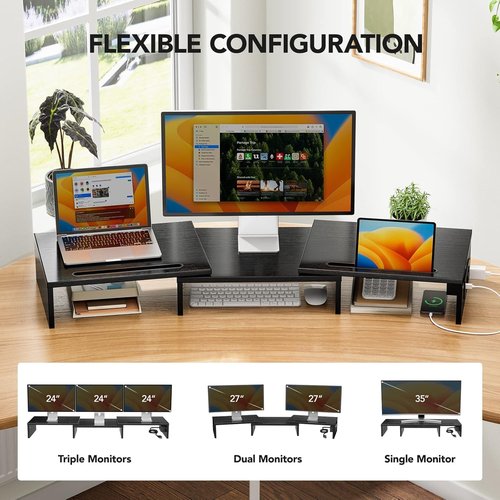 HUANUO Dual Monitor Stand - Adjustable Height & Angle with USB Ports | Desktop Riser for PC & Laptop (Black)