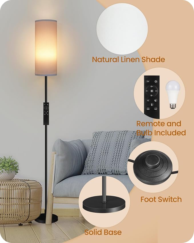 Set of 2 Dimmable Floor Lamps for Living Room with 2 Remotes and Foot Switch, 64.4”Modern Standing Tall Lamp, Corner Lamp for Bedroom, Bulb Included, 3000K-6500K, White Shade CW06LDP205W1