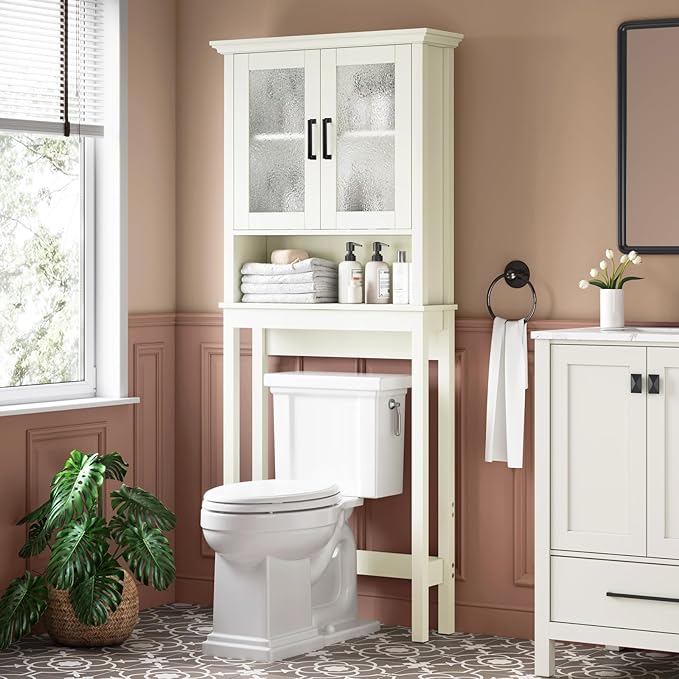 Over The Toilet Storage Cabinet, Over Toilet Bathroom Organizer with Doors and Adjustable Shelf, Thicken Frame Above Toilet Storage Cabinet Behind Toilet Bathroom Organizer, Cream White