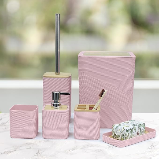 CERBIOR Bathroom Accessories Set 6 Piece Bamboo Bath Ensemble Includes Soap Dispenser, Toothbrush Holder, Toothbrush Cup, Soap Dish for Decorative Countertop and Housewarming Gift (Pink)