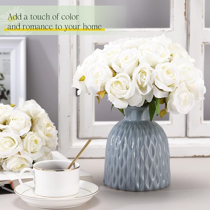 Jexine 240 Pcs Artificial Rose Flowers Bouquet Silk Realistic Flowers Bulk Centerpieces DIY Bride Fake Rose for Home Bridal Wedding Party Decorations(White)
