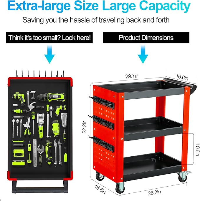3-Tier Rolling Tool Cart with Pegboard, Heavy Duty Mechanic Utility Cart 1000LBS Load Capacity for Repair Shop, Garage, Warehouse & Workshop (Red & Black)