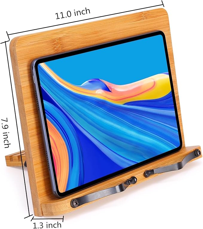 MEGREZ Bamboo Book Stand 11 x 8.0 inch, Foldable Cookbook Holder with 6 Adjustable Height, Reading Book Holder for Recipe, Music Book, Textbook, Tablet Stand, The Language of Lotus
