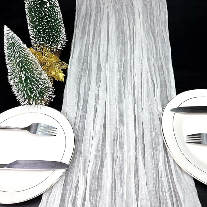 Booque Valley White Table Runner 3 Pack Cheesecloth 10ft Super Soft Boho Wrinkled Gauze Sheer Cloth for Baby Shower Baptism Birthday Party Wedding Christmas Centerpiece Table Decoration, 35x120 Inch