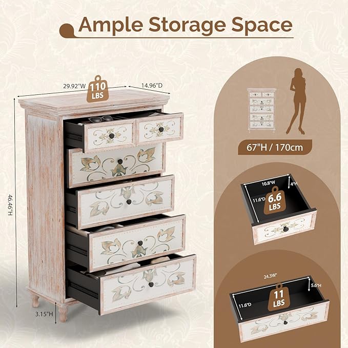 VINGLI Dresser Wood Chest of Drawers for Bedroom, Tall Dresser 6 Drawer Chest Boho, Wooden Dressers with Drawers and Solid Wood Legs, Rustic Washed White