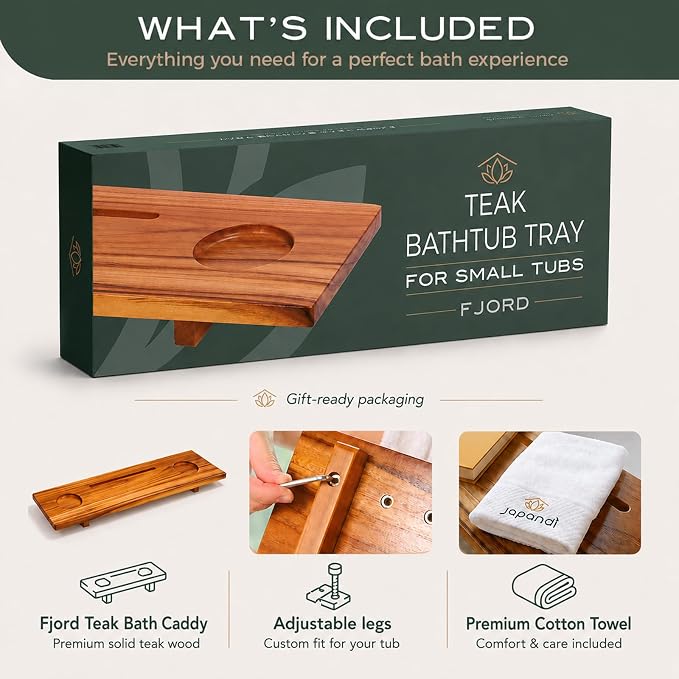 Teak Bathtub Tray for Tub 29” | Bath Tub Tray Wood for Small Tubs, Bath Tray for Tub, Bathtub Trays for Tub, Bath Table Tray for Home Spa | Fjord by JapandiSpirit