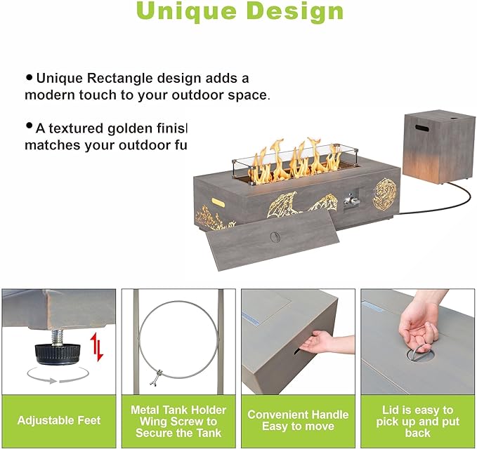 2-Piece 42" LED Rectangular Propane Fire Pit for Outside Patio with Hidden Tank Table, 50,000 BTU Fireplaces with Glass Wind Guard, Lid, Glass Rocks, Cover(Dragon w/Warm Light