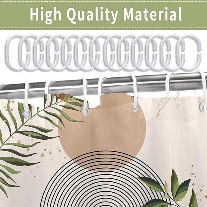 Boho Mid Century Shower Curtain, Brown Modern Minimalist Abstract Geometric Green Gold Plant Leaves Sun Arch Bathroom Curtains Waterproof Fabric Buthtub Curtain Set with Hooks 48" Wx72 L