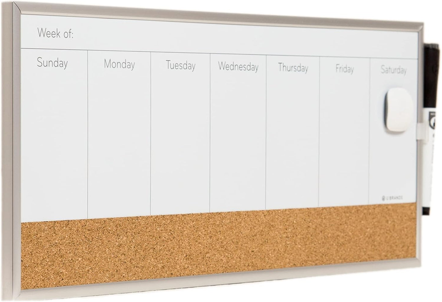 U Brands Magnetic Dry Erase Weekly Calendar | 18" x 7.5" with Cork Strip & Silver Frame