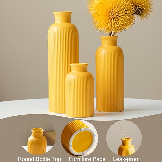 Modern Ceramic Vase Set, Yellow Ribbed Matte Design, 3-Piece Decorative Vases for Home, Living Room, Office (Yellow)