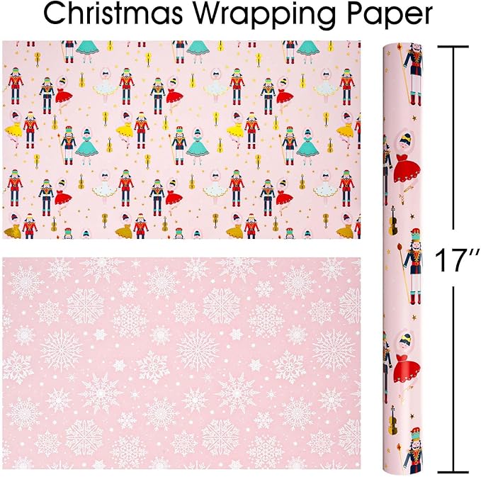 MAYPLUSS Pink Christmas Wrapping Paper Roll - 17IN X 33FT - Christmas Nutcracker Gift Wrapping Paper Featuring Ballet Guitar Gold Star Reversible Snowflake for Kids, Holiday, New Year