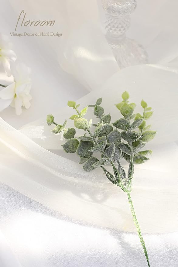 Floroom Artificial Flocked Eucalyptus Stems Faux Greenery Spray, 18pcs Best Filler Fake Plants for DIY Wedding Bouquet Centerpieces Arrangement