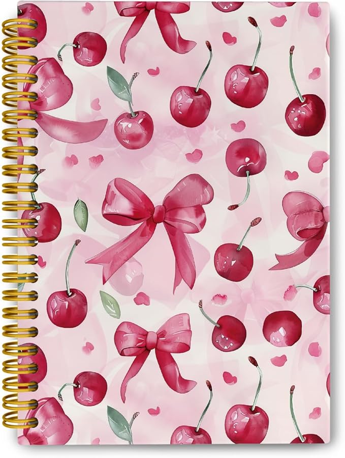 JKMBN Trendy Coquette Pink Bow Cherry Journaling Notebooks, Preppy Spiral Notebook, Cute Notebook Journal for Girls, Pink Office Supplies, Hardcover Spiral Lined Notebook 5.5 x 8.3