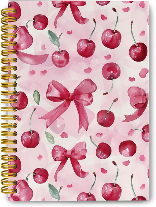 JKMBN Trendy Coquette Pink Bow Cherry Journaling Notebooks, Preppy Spiral Notebook, Cute Notebook Journal for Girls, Pink Office Supplies, Hardcover Spiral Lined Notebook 5.5 x 8.3