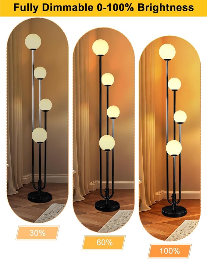63IN 4-Light Dimmable Floor Lamp, Unique Black Tall Standing Lamps with Globe Shade &3000K Bulbs for Reading, Mid Century Modern Floor Lamp with 5Lbs Heavy Base for Living Room Bedroom Office