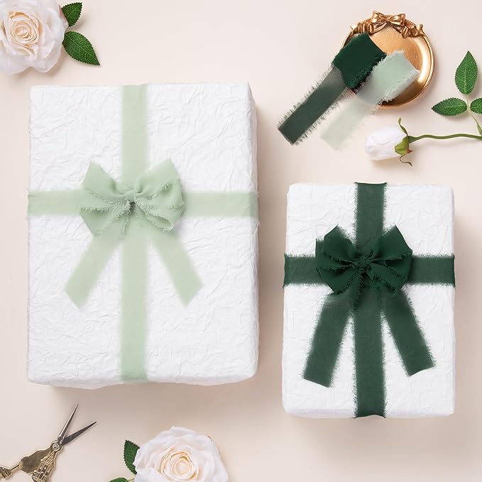 DORIS HOME Sage Green Chiffon Ribbon for Flower Bouquet, 1" x21Yd Fabric Ribbon for Gift Wrapping, Handmade Frayed Ribbon for Wedding Invitations/Christmas Decorations