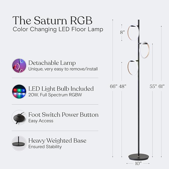 Brightech Saturn Modern Color Changing Floor Lamp - Tall Tree LED Lamp Perfect for Living Room Decor - Beautiful RGB Color Gradient and 3 LED Lights for Bedroom, Office, Reading - Black