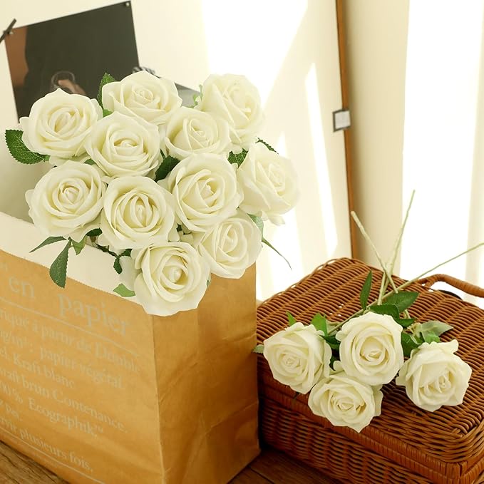 15Pcs Pearl White Roses Artificial Flowers Fake Roses Long Stem Velet Rose Silk Flowers for Home Wedding Decoration (Pearl Roses,White)