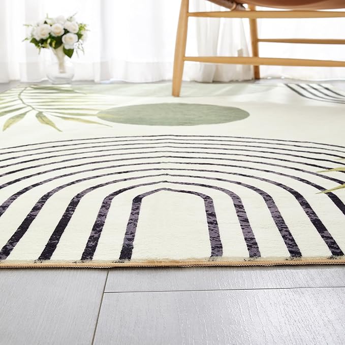RoomTalks Mid Century Modern Washable Rug, Green Boho Cute Aesthetic 4x6 Area Rugs for Bedroom Dining Living Room Kitchen, Abstract Tropical Leaves Non Slip Thin Indoor Entryway Rug Throw Carpet