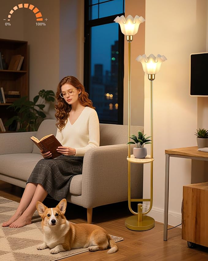 Flower Floor Lamps with Table, 2-Lights Dimmable Floral Floor Lamp, 3000K Warmwhite Modern Floor Lamp, Vintage Gold Standing Lamp with 5Lbs Heavy Base for Living Room Bedroom Girls Room
