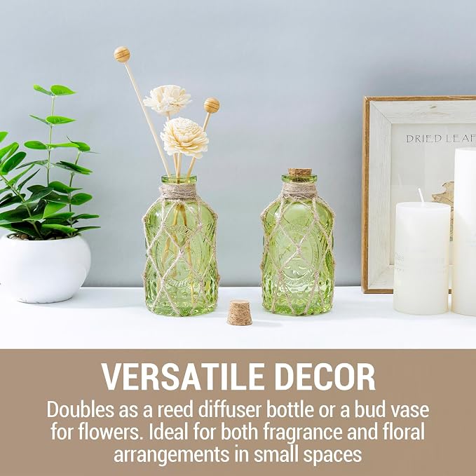 MyGift Set of 2 Vintage Embossed Green Glass Reed Diffuser Bottles with Cork Lids – Decorative Small Flower Bud Vases for Home Fragrance & Tabletop Decor