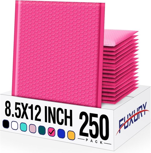 Fuxury Bubble Mailers - 8.5x12 Inch Self-Seal Adhesive Padded Envelopes | Water-Resistant Hot Pink, 250 Pack