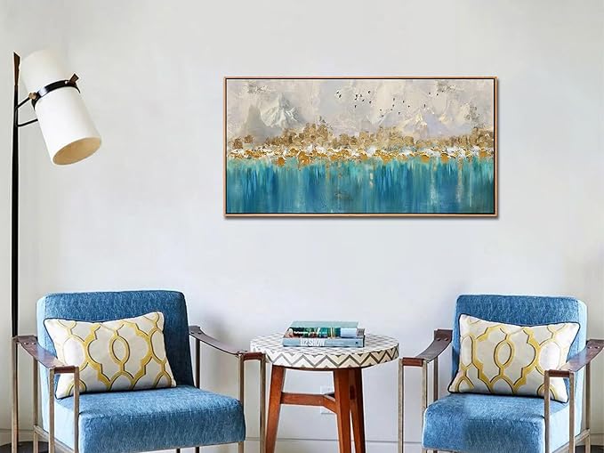 Arjun Framed Abstract Wall Art for Living Room Gold Blue Textured Canvas Art Wall Decor Bedroom Painting, Modern Picture Grey Mountain Artwork Home Office Wall Decoration, Large 40"x20"