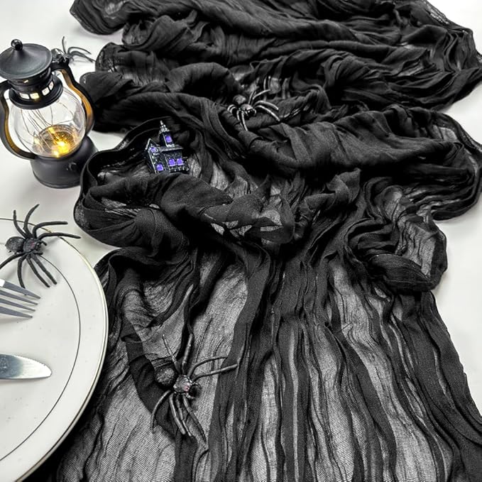 Booque Valley Black Table Runner 3 Pack Cheesecloth 10ft Super Soft Boho Wrinkled Gauze Sheer Cloth for Baby Shower Baptism Birthday Party Wedding Centerpiece Table Halloween Decoration, 35x120 Inch