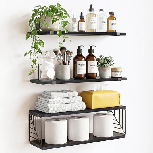 Fixwal 3+1 Tier Bathroom Floating Shelves Over Toilet, 15.8in Farmhouse Rustic Wood Shelves, Wall Decor for Bathroom, Living Room,Bedroom and Kitchen (Black)