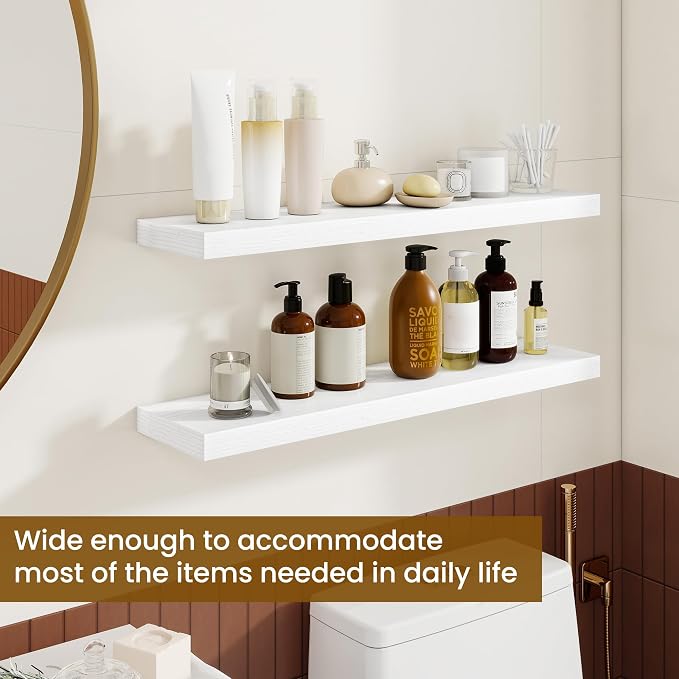 Dreamland 30Inch Floating Shelves for Wall, Rustic Wooden White Floating Shelves for Bathroom|Bedroom|Kitchen, Deep Wall Mounted Book Shelf, Wood Storage Display Shelf for Home Decor, Set of 2