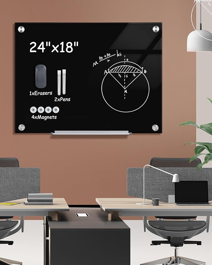 Mifuro Magnetic Glass Whiteboard，24"x18" Wall Mounted Frameless Dry Erase Board for Office, Home & School Black