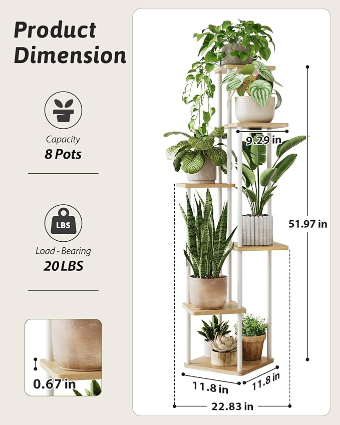 GENTINGBRO Tall Plant Stand Indoor 6 Tiered Plant Shelf for Multiple Plants Coner Shelf Stand Wood Plant Stand Metal Shelving for Living Room Bedroom Balcony Patio White
