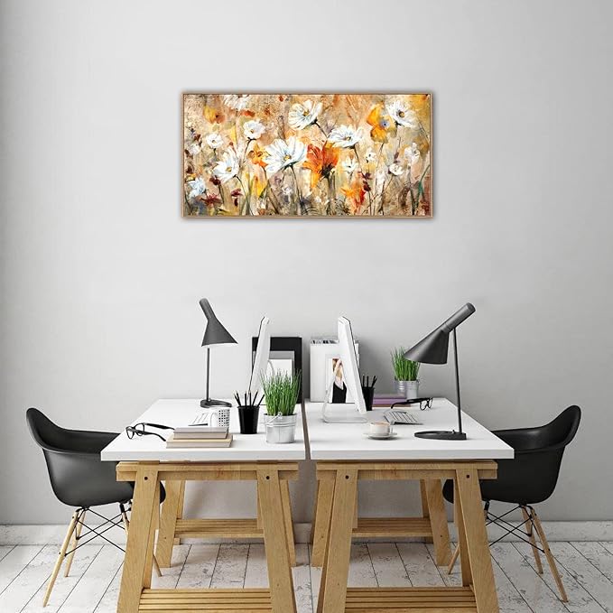 Framed Abstract Floral Wall Art for Living Room Decor Flowers Canvas Wall Pictures White Red Orange Yellow Brown Modern Daisy Artwork Canvas Prints Bedroom Kitchen Office Home Wall Decor 20"x 40"